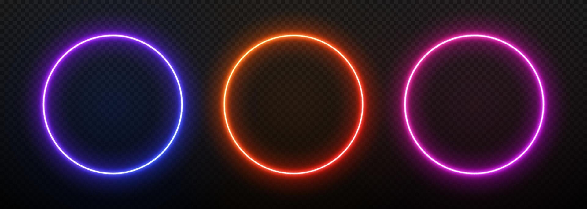 Neon light round frame. Gradient circle border with led glow. Laser bright ring. Fluorescent electric portal on a black background. Set of spheres templates for design with text. vector