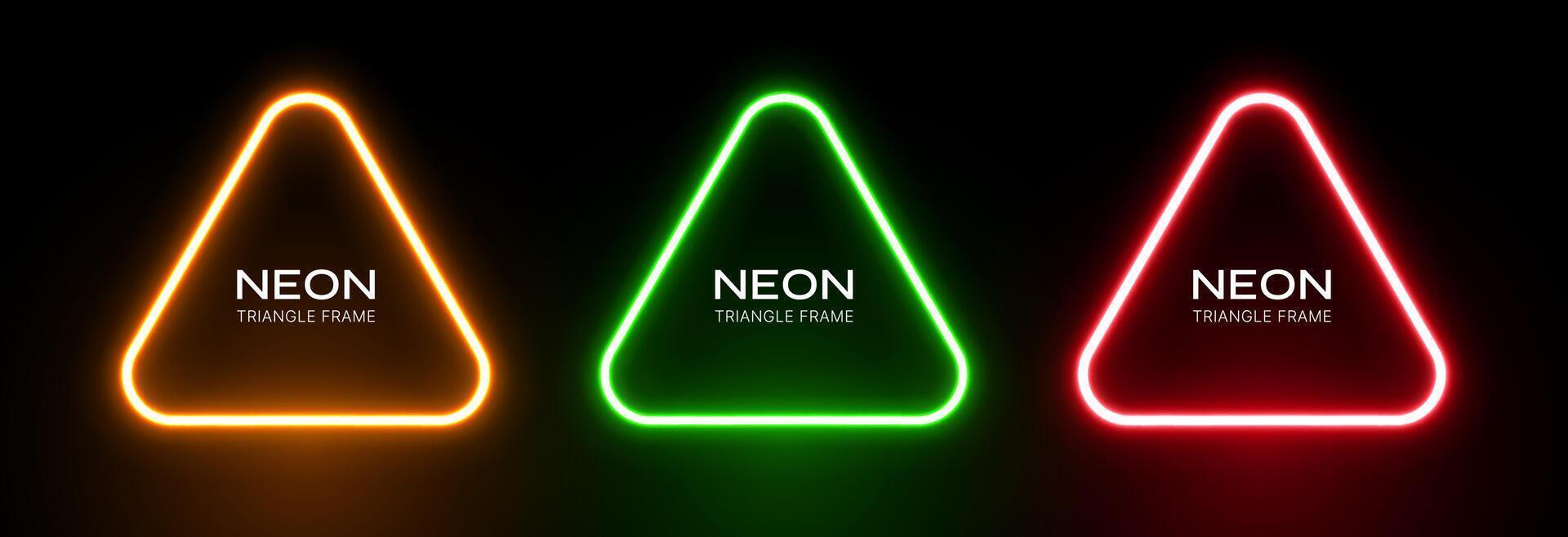 Neon light triangle frame. Laser glow of abstract shape. Led banners effect geometric figures. Set of templates. vector