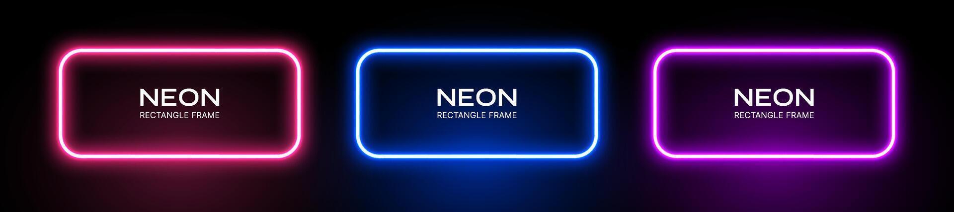 Neon light rectangle frame. Glow border. Banner shape with laser effect in pink, blue and purple colors. Set of led fluorescent templates. vector
