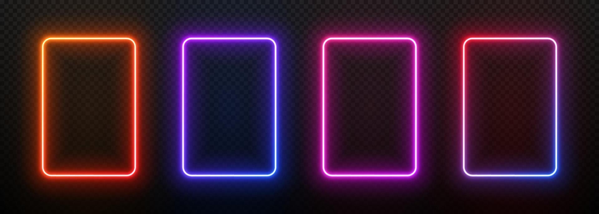 Neon light frame rectangle. Led border glow. Laser vertical box. Electric portal on a transparent black background. Template for design with text. vector