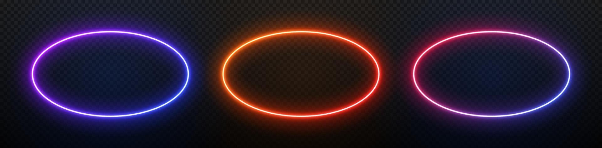 Neon oval light. Ellipse laser frame. Round led border. Electric gradient glow for design. Fluorescent geometric shape. vector