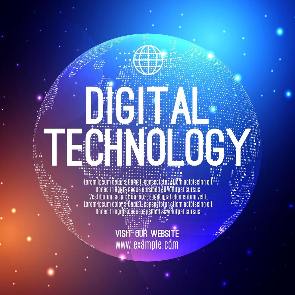 Digital technology social post banner sale template orange blue background, abstract cyber information communication, innovation future tech data, internet network connection, Ai big data illustration vector