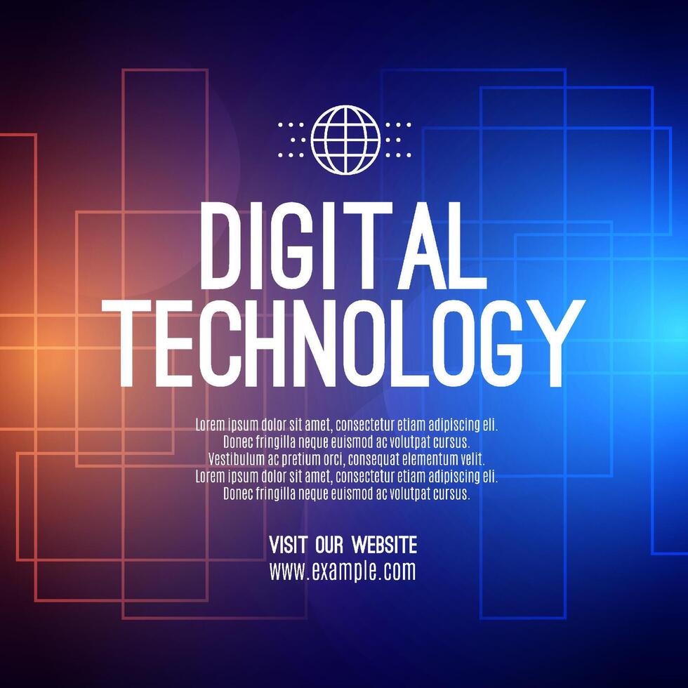 Digital technology social post banner sale template orange blue background, abstract cyber information communication, innovation future tech data, internet network connection, Ai big data illustration vector