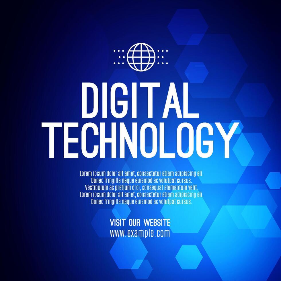 Digital technology social post banner sale template blue background, abstract cyber information communication, innovation future tech data, internet network connection, Ai big data illustration vector
