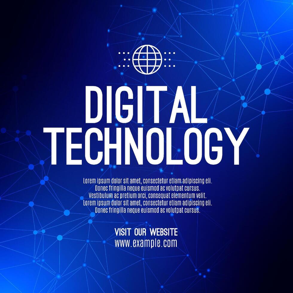 Digital technology social post banner sale template blue background, abstract cyber information communication, innovation future tech data, internet network connection, Ai big data illustration vector
