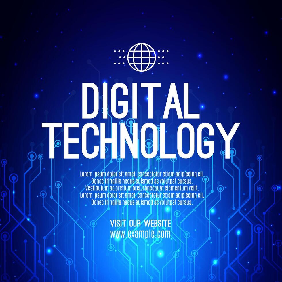Digital technology social post banner sale template blue background, abstract cyber information communication, innovation future tech data, internet network connection, Ai big data illustration vector