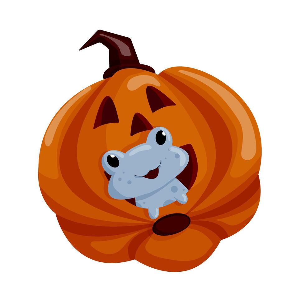 Cartoon halloween frog sits in a pumpkin and smiling. illustration isolated on a white background. vector