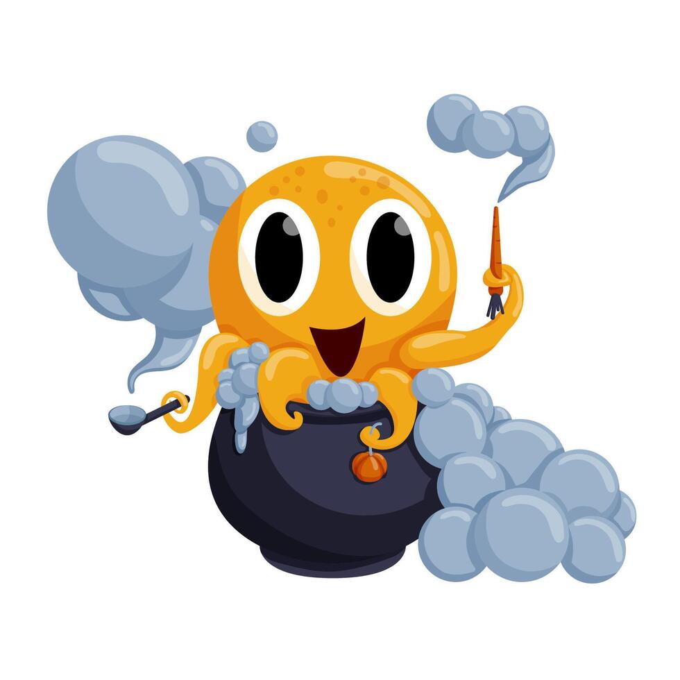 Halloween octopus cooks soup in a cauldron. Yellow octopus cartoon character. Cute octopus isolated on white background. Octopus icon. Animal illustration for children book illustrating. vector