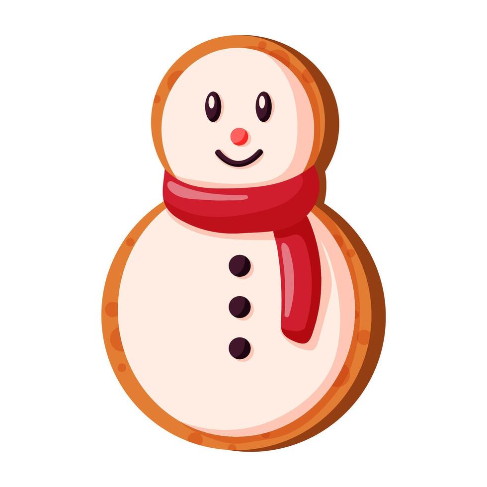 pan de jengibre monigote de nieve Galleta para Navidad en dibujos animados estilo. dulce pintado hecho en casa galletas para invierno vacaciones. ilustración aislado en un blanco antecedentes. vector