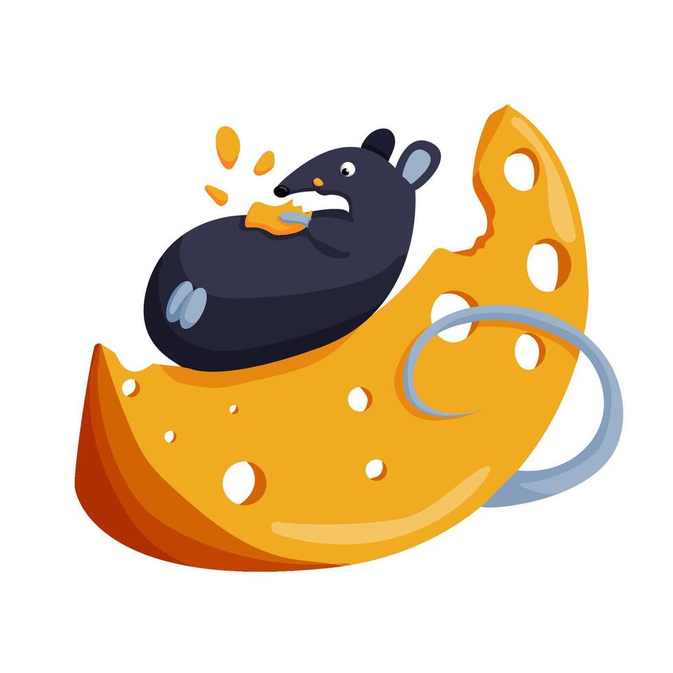 Halloween mouse with a piece of cheese. Mouse lies on the cheese. cartoon illustration isolated on a white background. vector