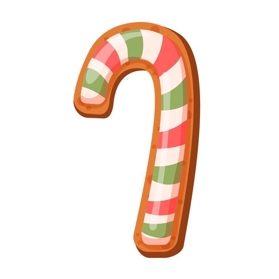 Gingerbread candy cane cookie in cartoon style. illustration of sweet homemade snack with icing for Christmas holidays. illustration isolated on a white background. vector