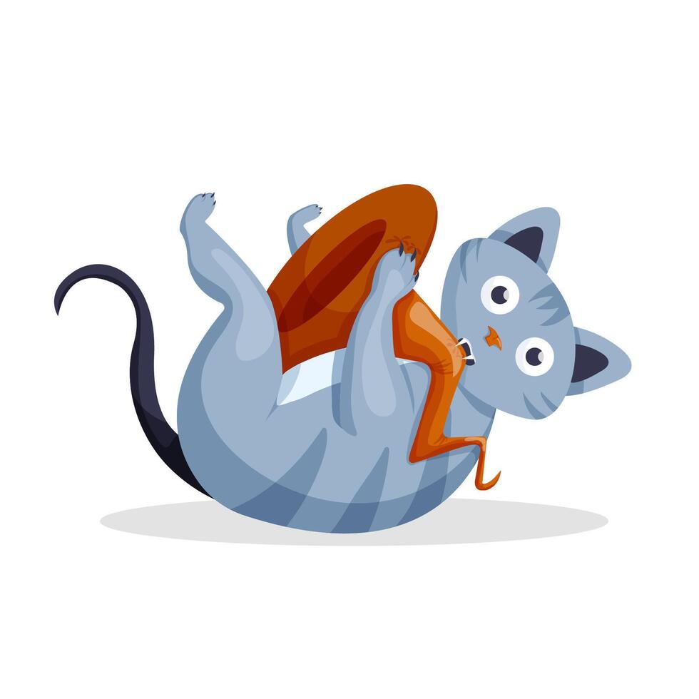 Halloween cat nibbles hat. The cat lies on his back with a hat in his paws. cartoon illustration on a white background. vector