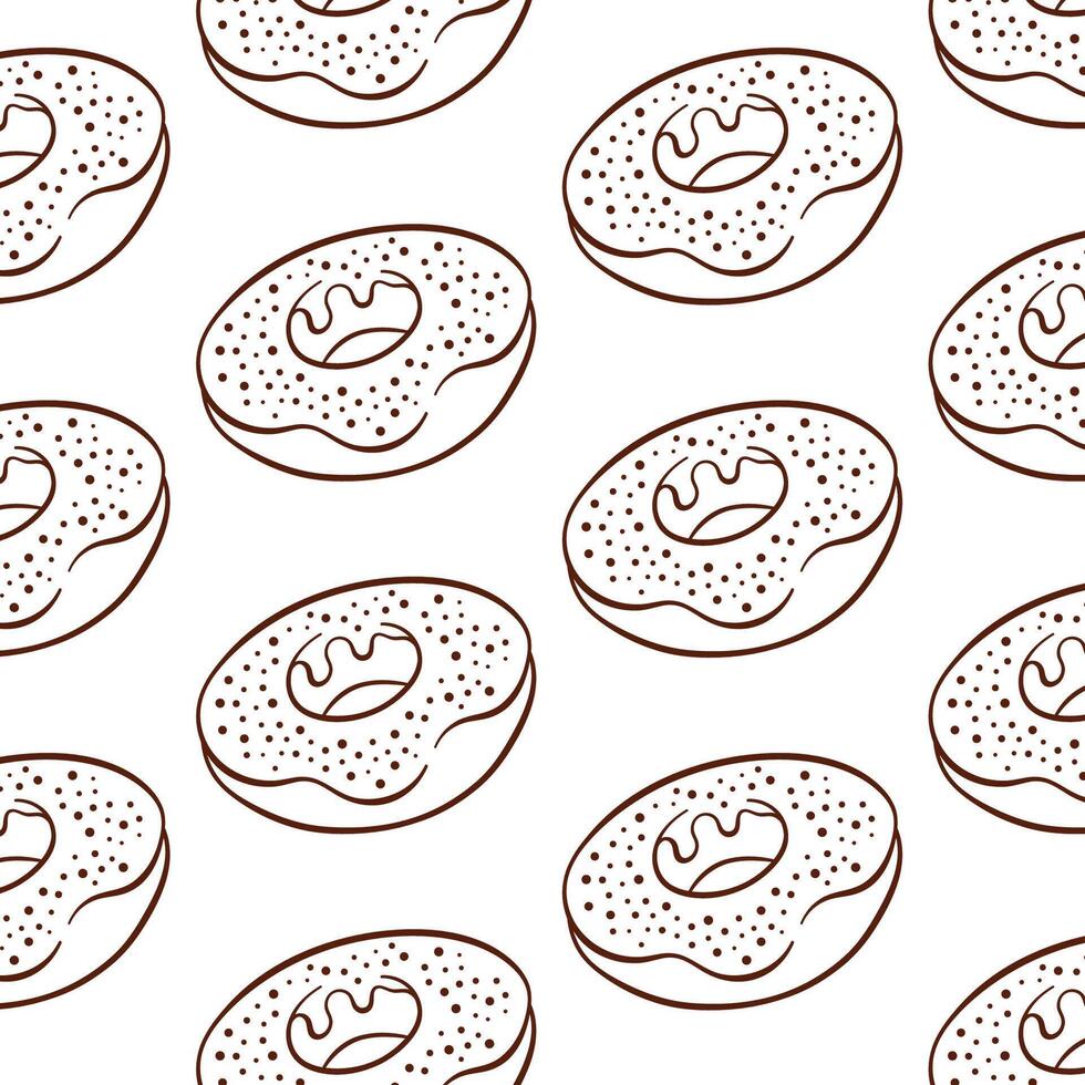 Donut pattern with turquoise frosting and sprinkles in line art style. Simple hand drawn design for delivery, bakery and cafe. illustration on a white background. vector