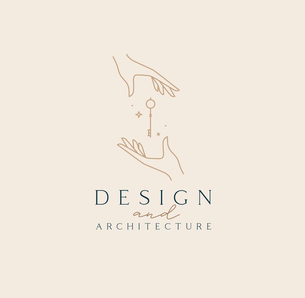 Hand with key and lettering design and architecture drawing in linear style on beige background vector