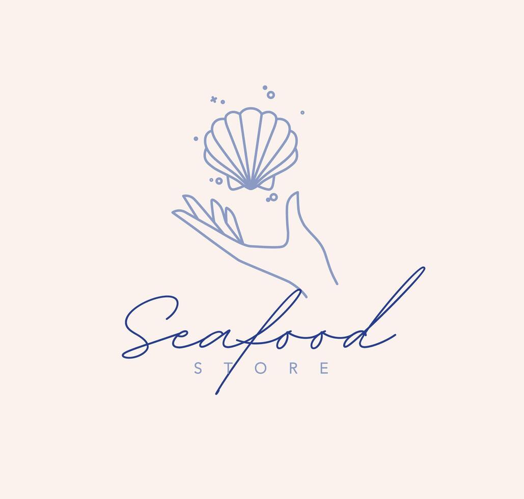 Hand with seashell and lettering seafood store drawing in linear style on beige background vector
