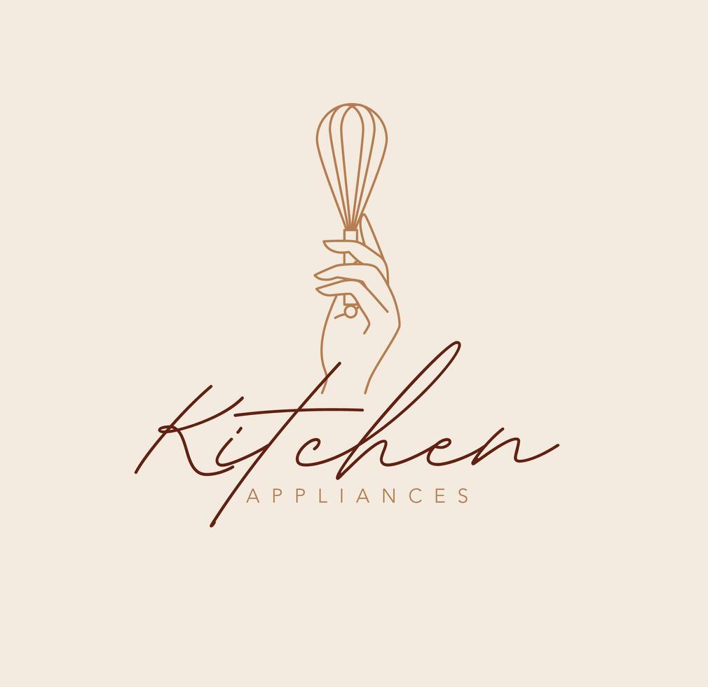 Hand holding whisk with lettering kitchen appliances drawing in linear style on beige background vector