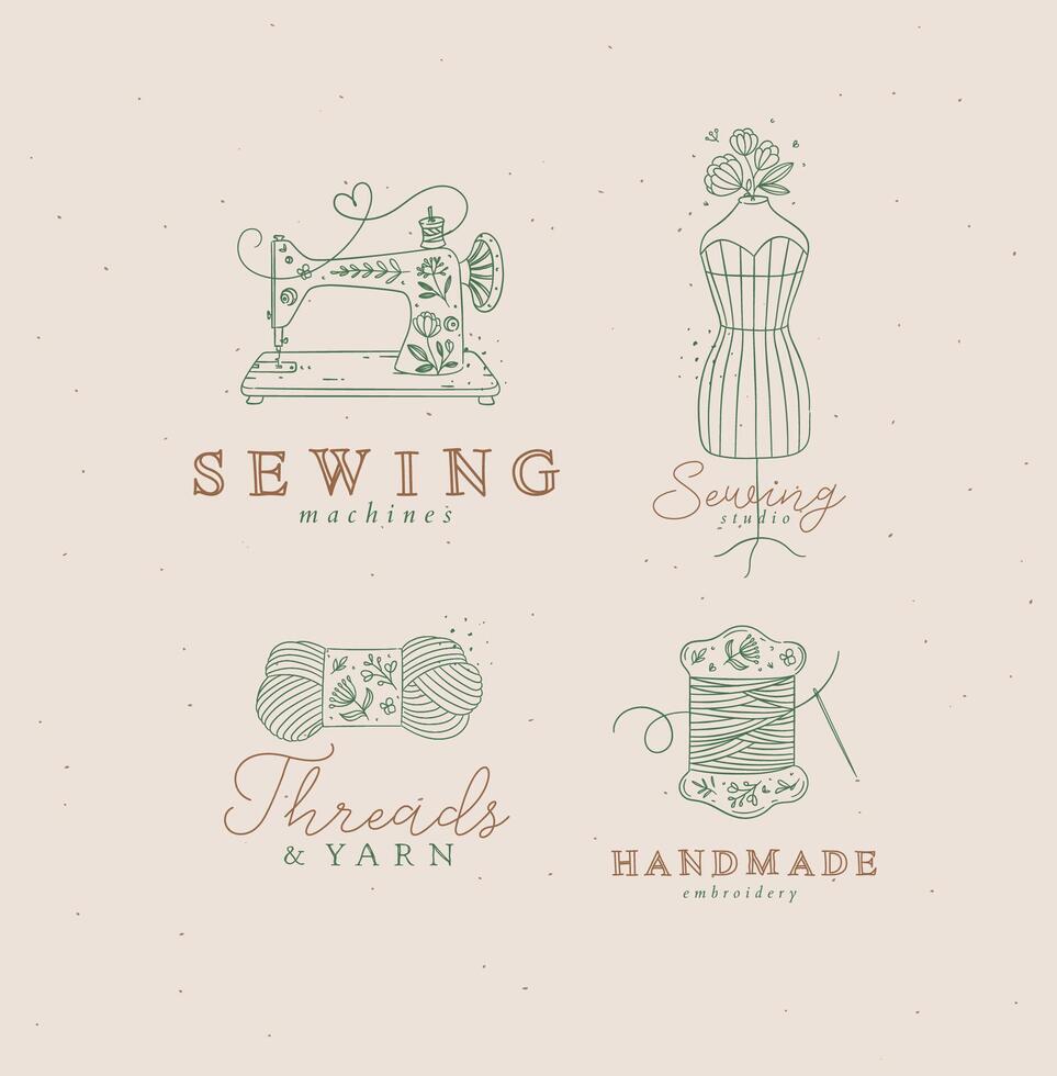 Sewing symbols machine, mannequin, wool, thread with lettering drawing in floral style with green on beige background vector