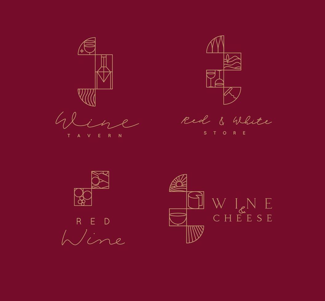 Art deco wine labels with lettering drawing in linear style on red background vector