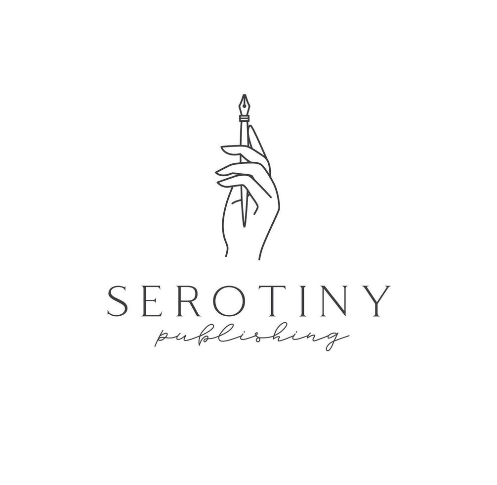 Hand holding ink pen with lettering serotiny publishing drawing in linear style on light background vector