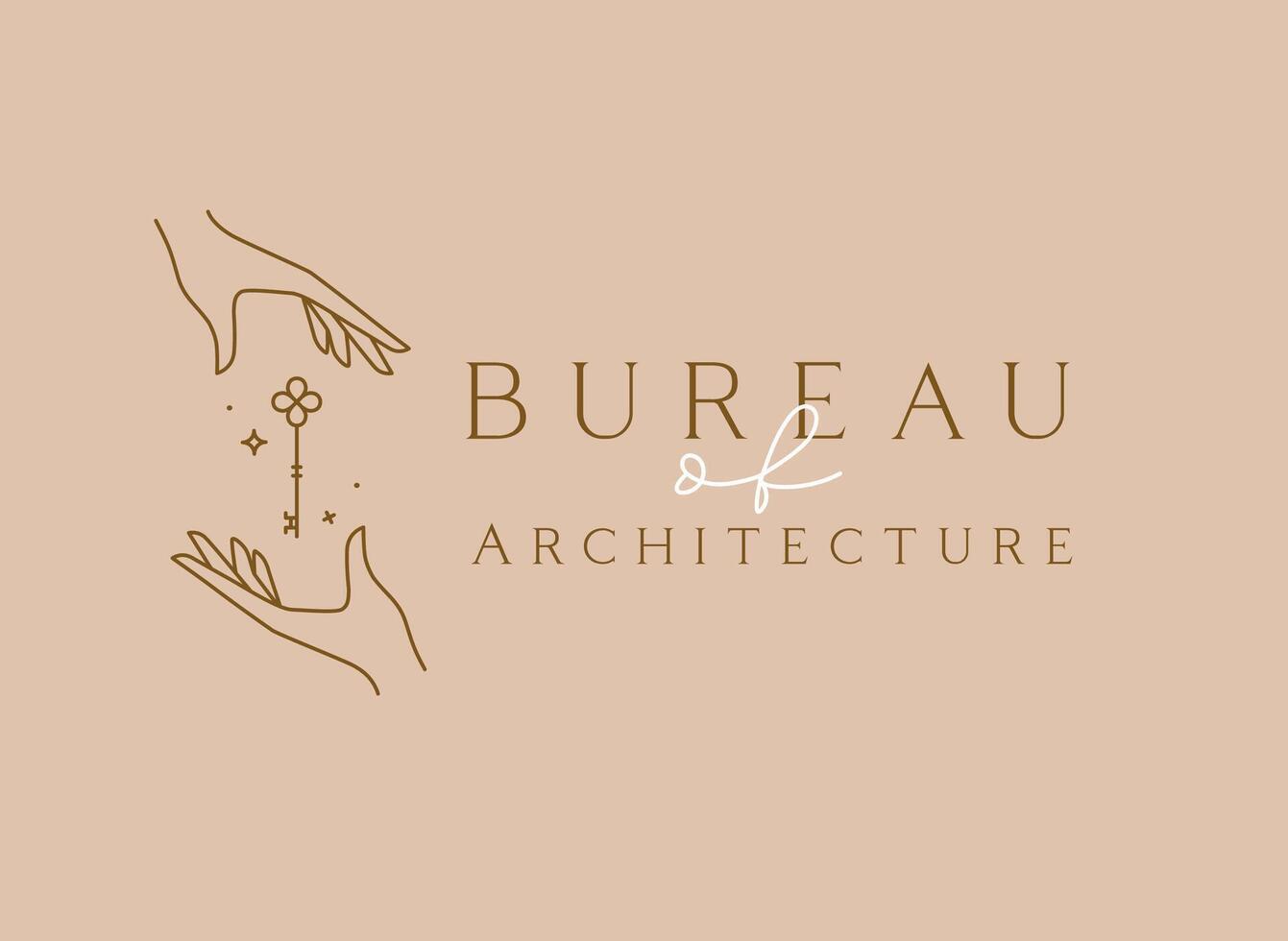 Hand with key and lettering bureau of architecture drawing in linear style on beige background vector