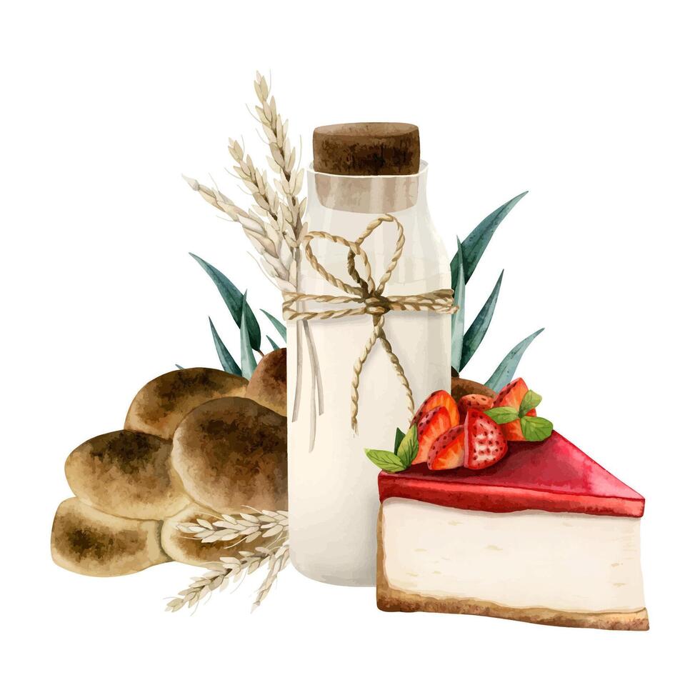acuarela shavuot símbolos saludo tarjeta modelo con leche, trigo, fresa queso pastel, jalá un pan y eucalipto vector