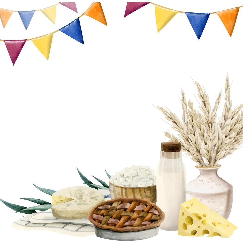 Happy Shavuot watercolor festive greeting card template with flags, apple pie, cheese. Square illustration vector
