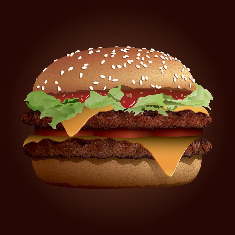 Homemade double cheeseburger side view isolated on brown background illustration. vector