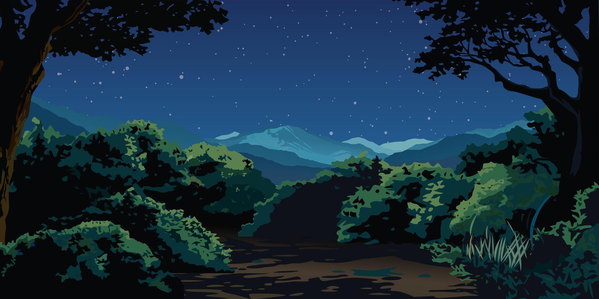 Silhouette tree and bush graphic with mountain ranges have night sky background illustrated. vector