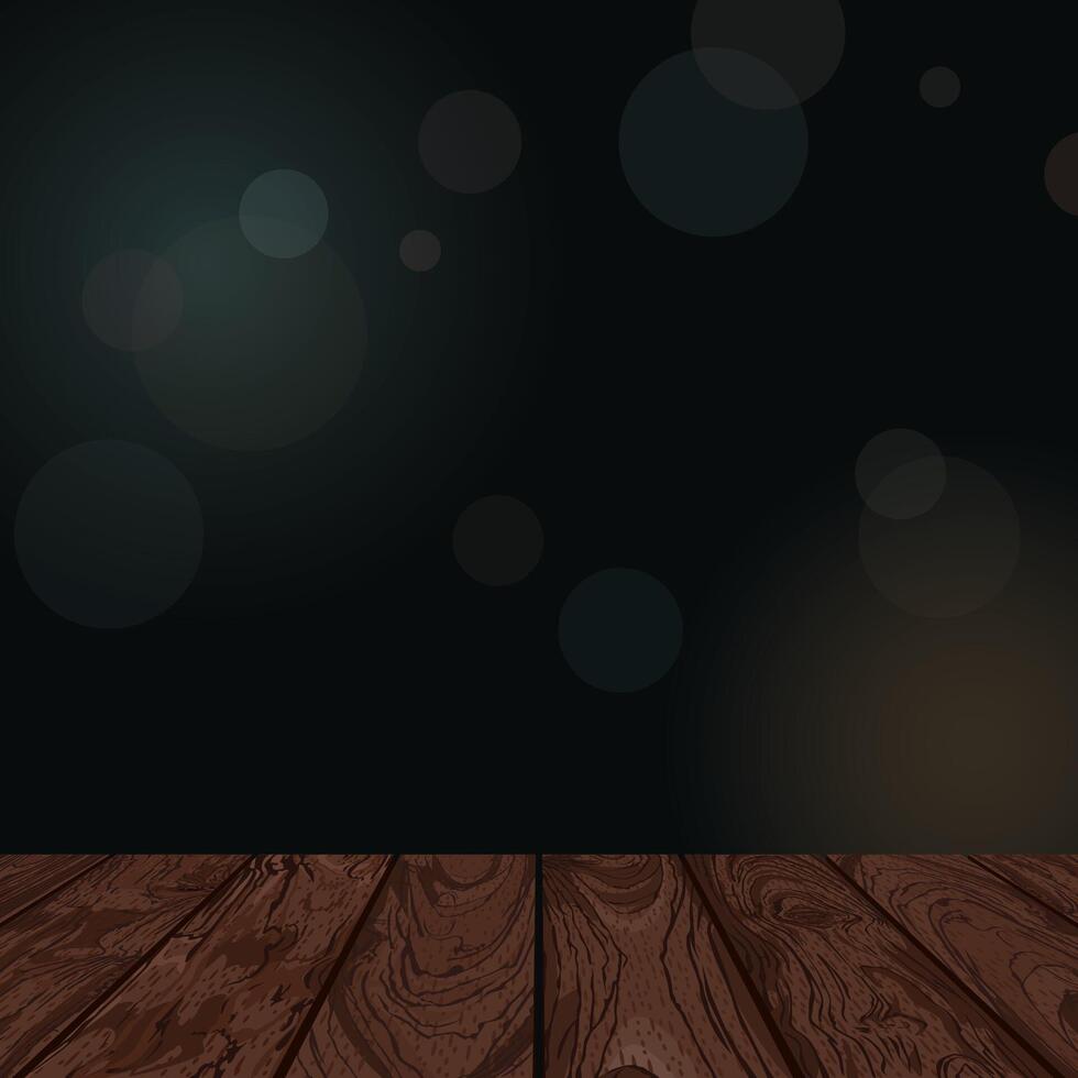 Wooden table and blurred night life square background with bokeh effect illustration have blank space for advertisement or products presentation. vector