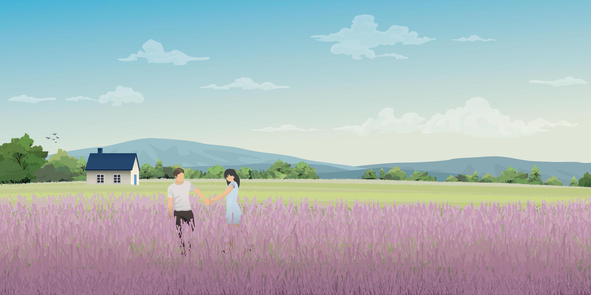 Pareja de amante manos participación juntos a lavanda campos en el colina tener país casas y montaña rango detrás ilustración. vector