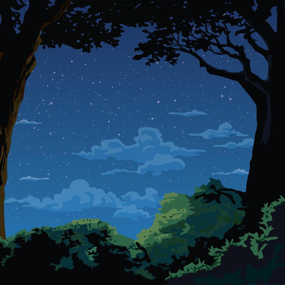 Silhouette tree and bush graphic with night sky square background illustrated. vector