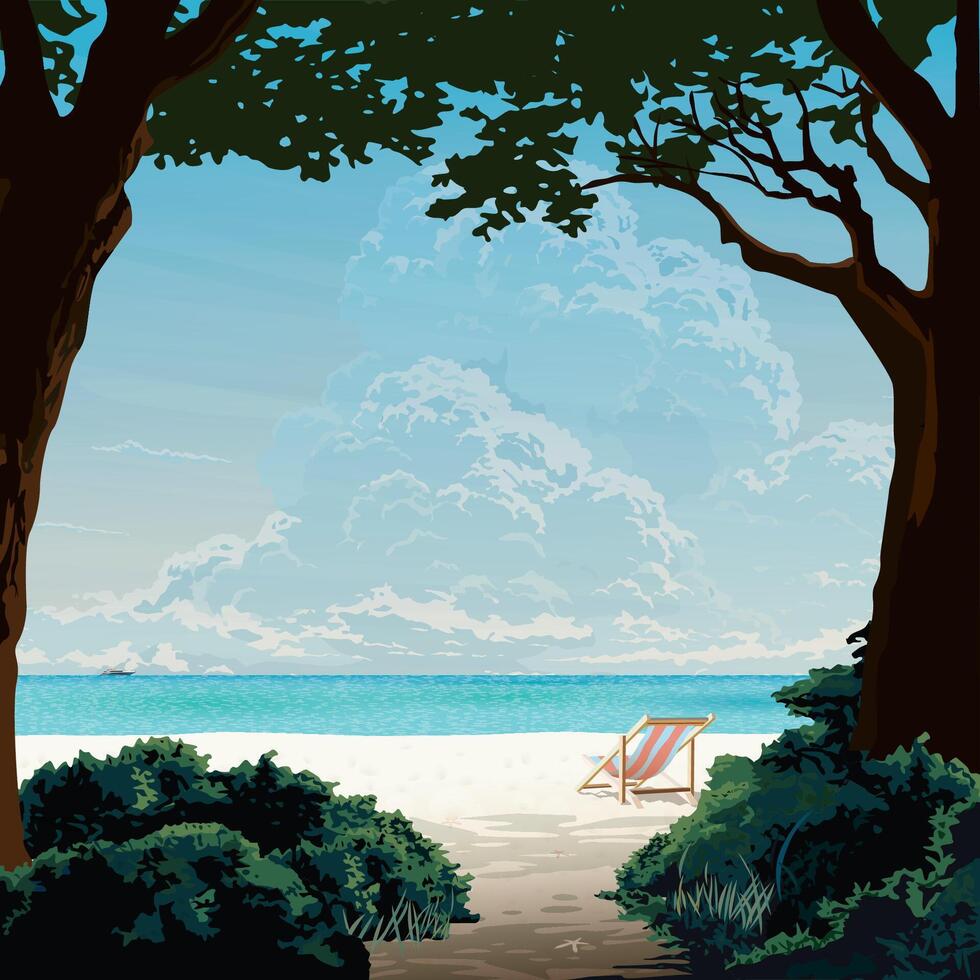 Silhouette tree with bush foreground have the beach, chair and tropical blue sea square background graphic illustrated. Vacation traveling concept flat design. vector