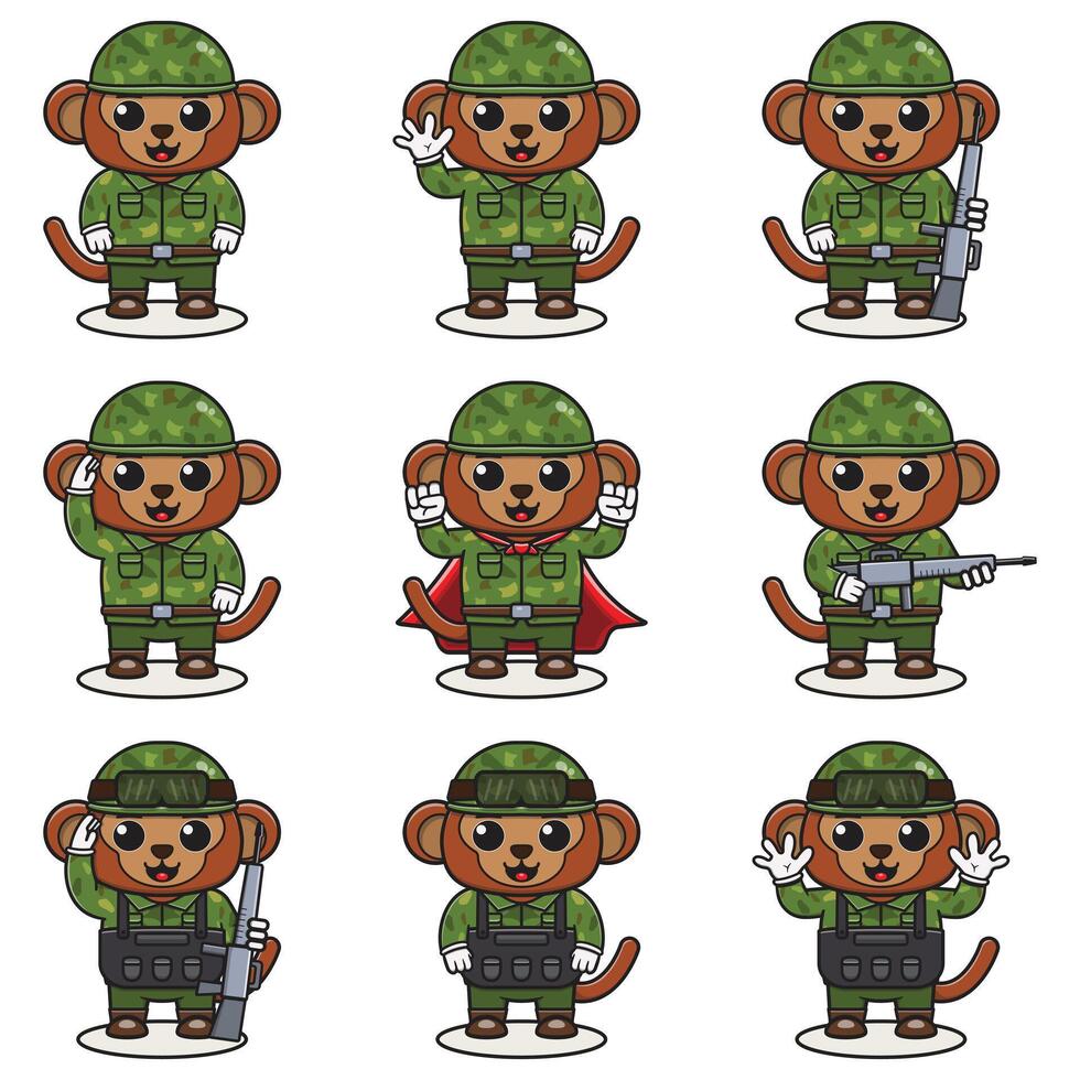 linda mono soldado en camuflaje uniforme. dibujos animados gracioso mono soldado personaje con casco y verde uniforme en diferente posiciones. gracioso animal ilustración colocar. vector