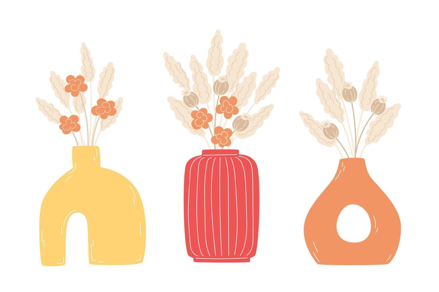 A set of modern vases with flower arrangements in flat style vector