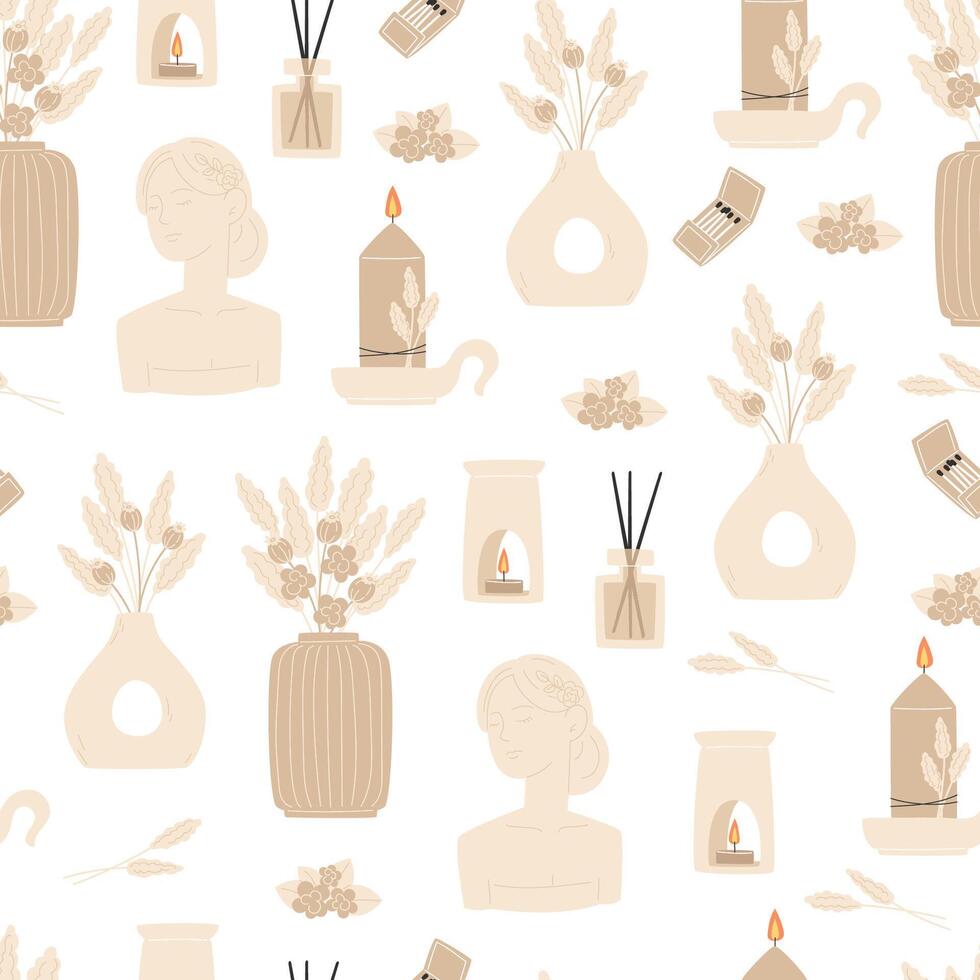 Seamless pattern with scented candles and interior decor in flat style vector