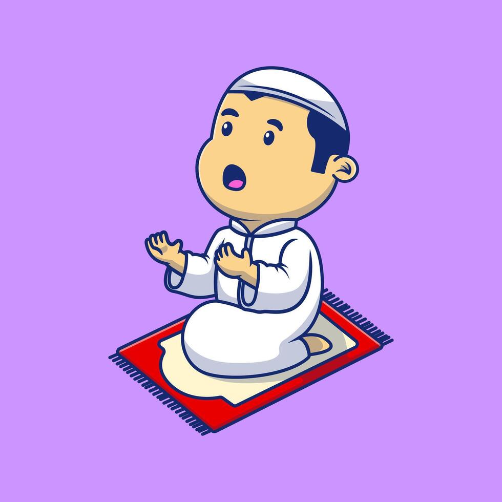 linda musulmán chico Orando dibujos animados íconos ilustración. plano dibujos animados concepto. adecuado para ninguna creativo proyecto. vector
