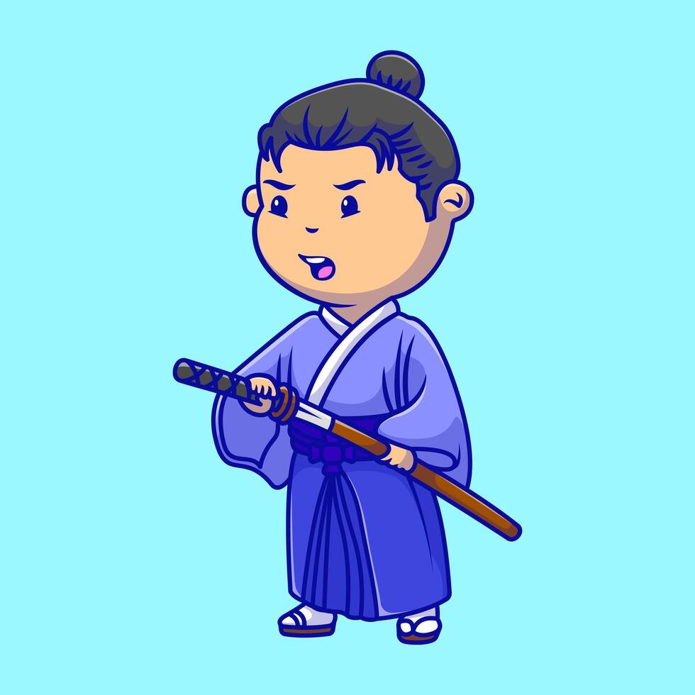 Cute Kimono Boy Holding Katana Sword Cartoon Icons Illustration. Flat Cartoon Concept. Suitable for any creative project. vector