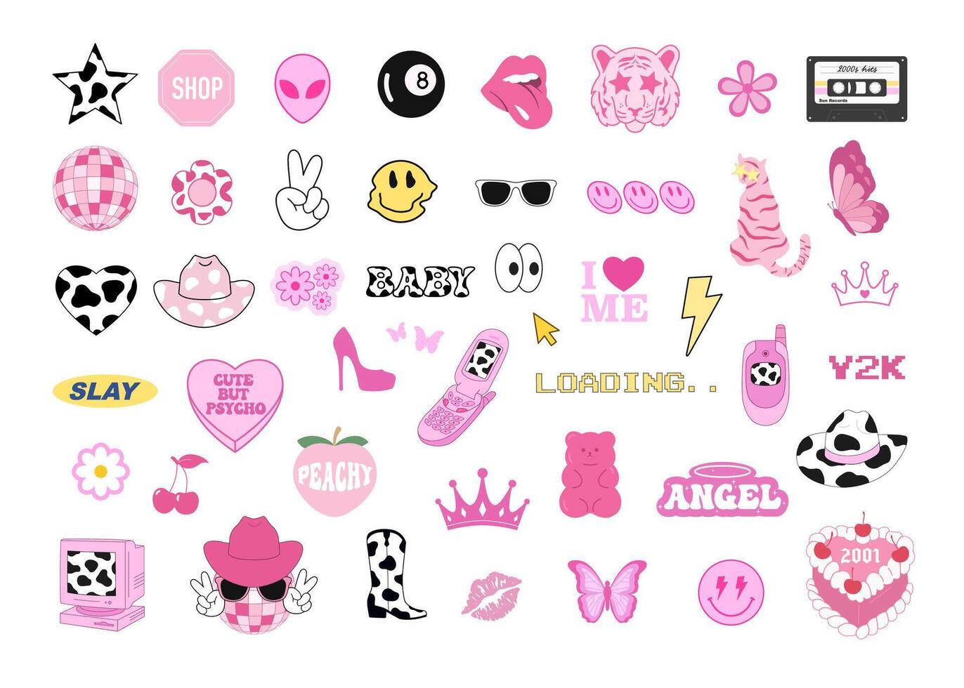 Y2K 2000s aesthetic pink stickers set vector
