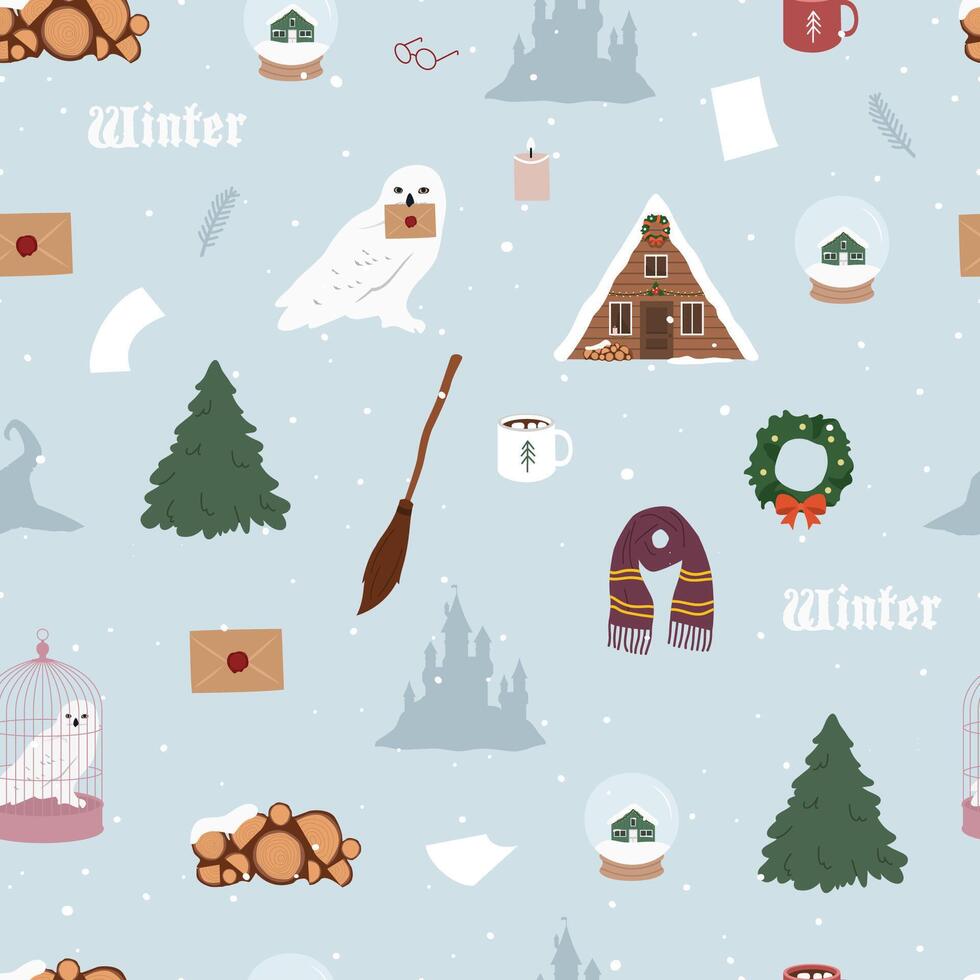 invierno Navidad magia sin costura modelo con búho, bufanda, de madera casa, castillo vector