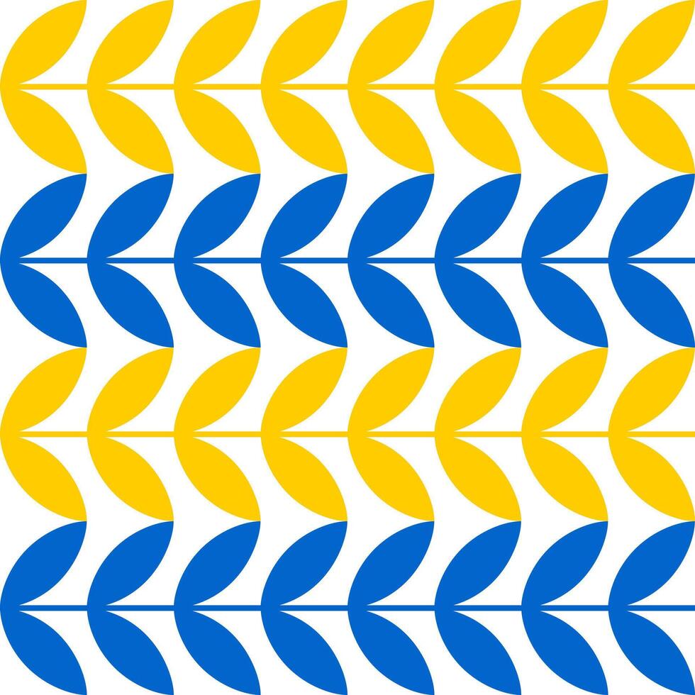 Geometric symmetrical seamless pattern with blue and yellow ears of wheat or rice on a white background. vector
