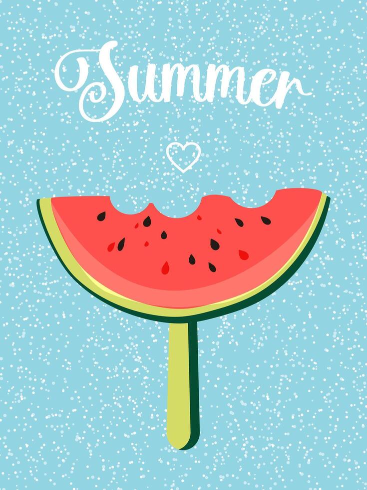 Watermelon flavored ice cream. Summer vibes. Popsicle on a stick on a blue background. vector