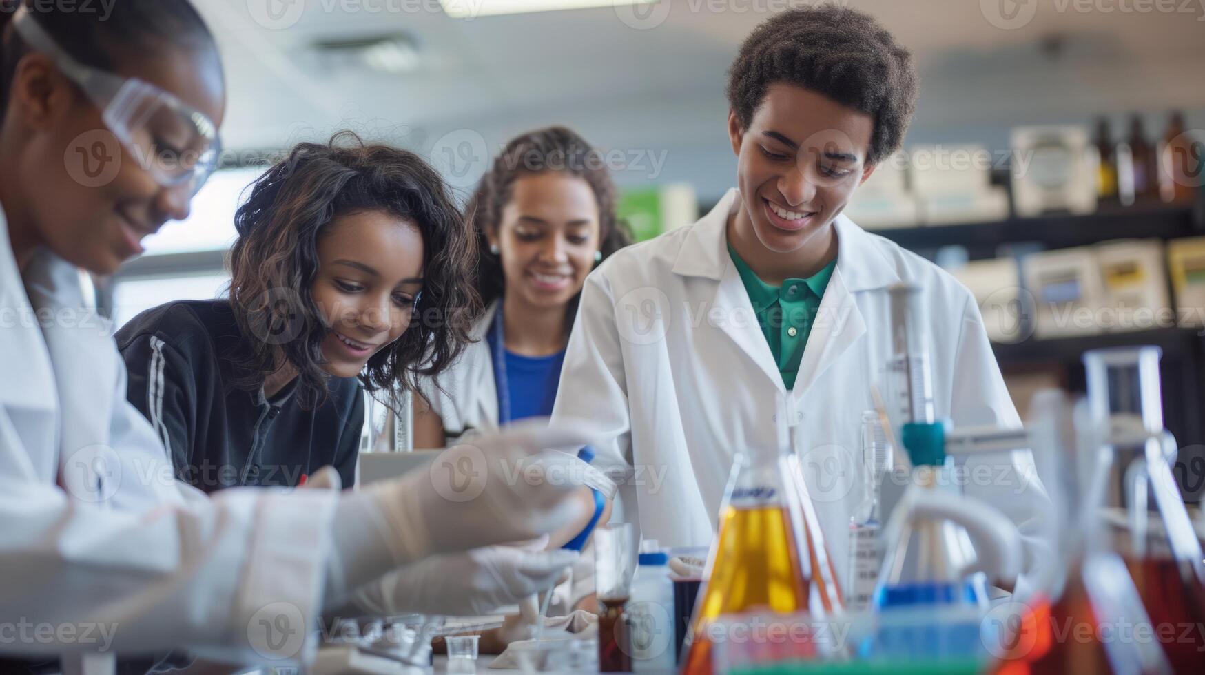 A group of students conducting experiments and working together in a laboratory setting. photo