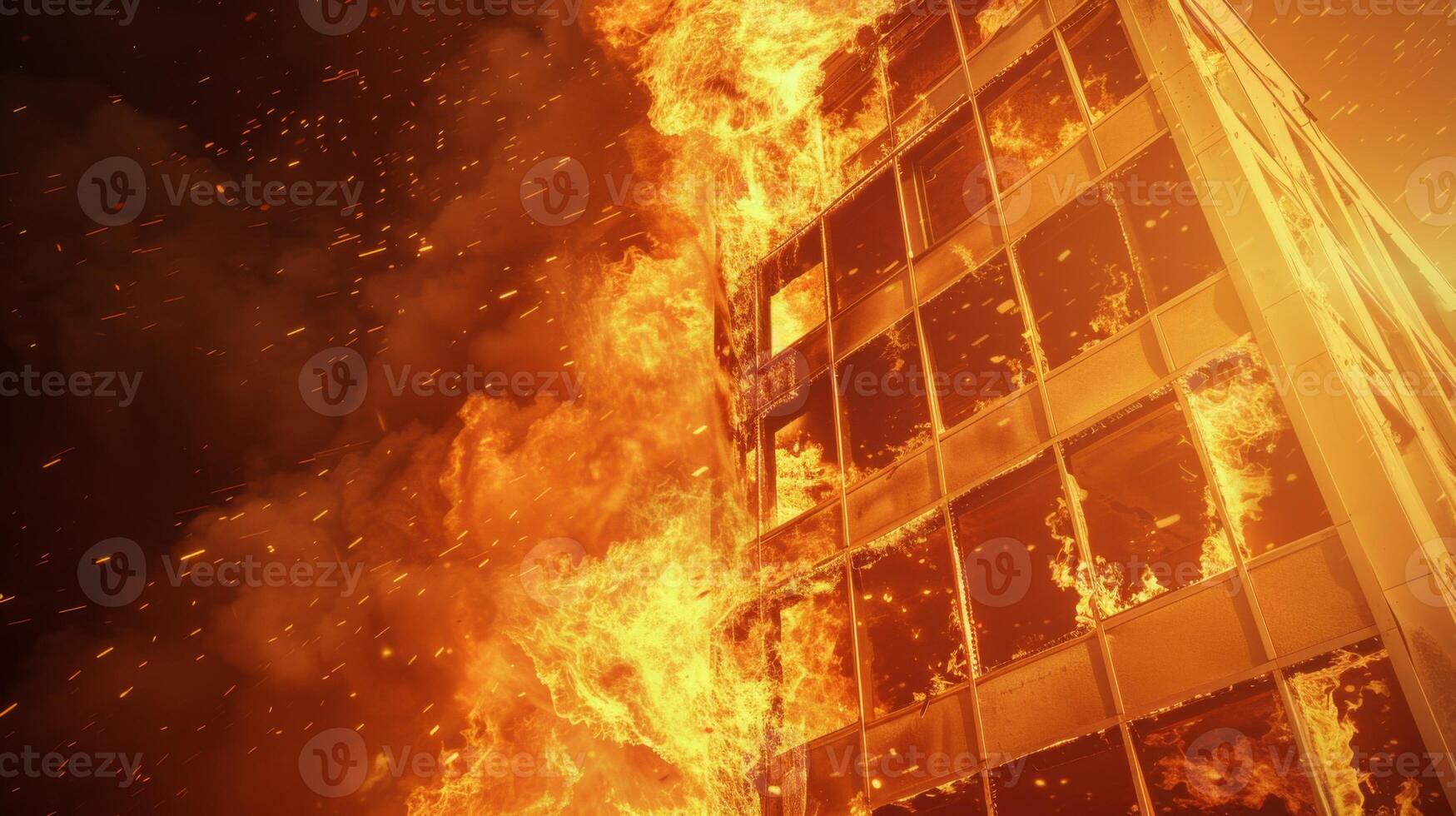 Flames violently consume a skyscrapers facade as fire erupts from multiple floors, illuminating the evening sky. photo