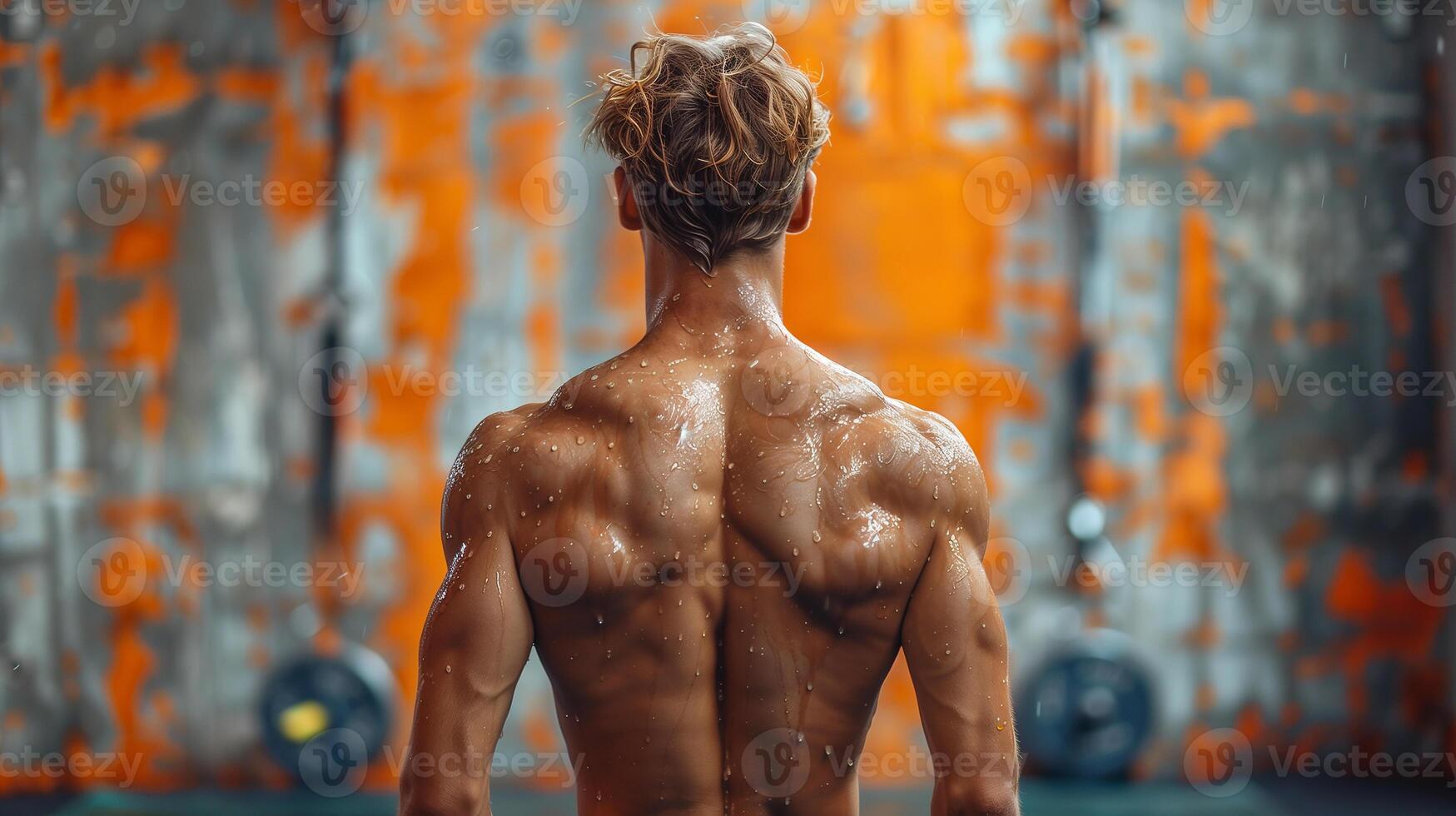 This Chiseled physique. Male back muscles sculpted, showcasing dedication in the gym. photo