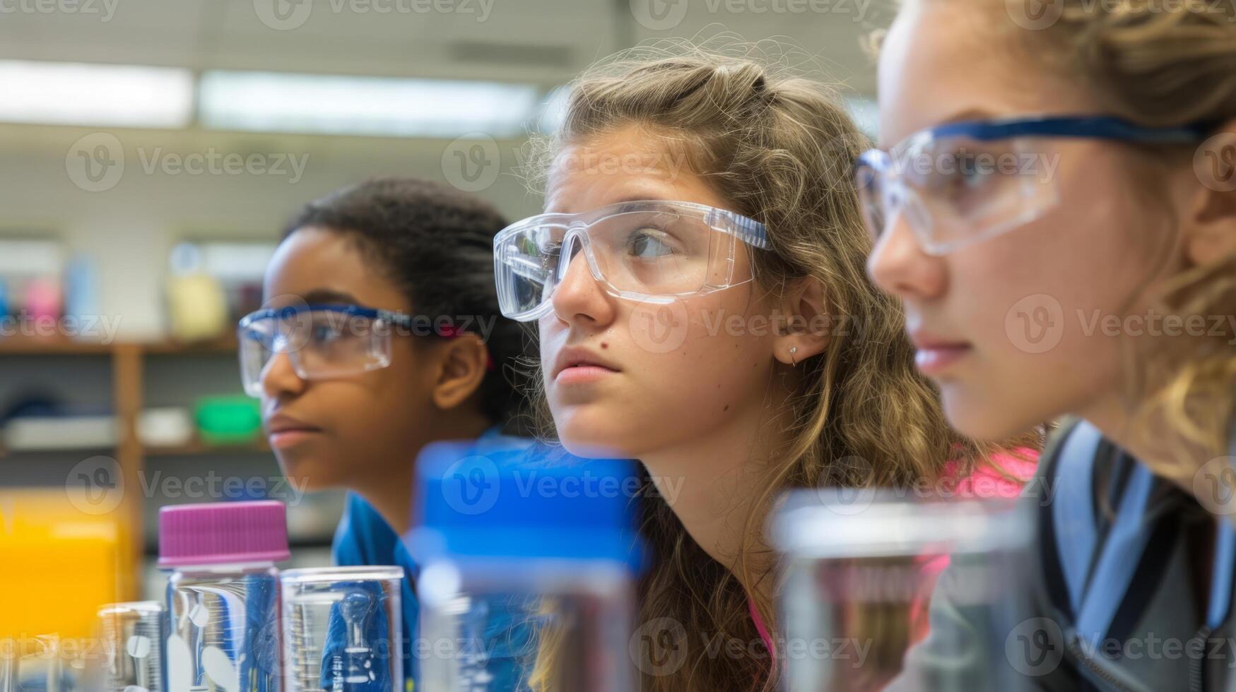 A group of girls conducting experiments in a laboratory, all wearing protective goggles and working together on a project. photo