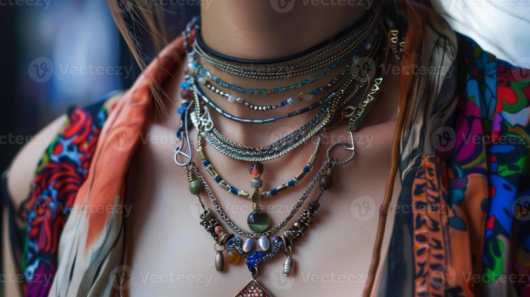 de cerca de boho estilo collares y vistoso atuendo foto