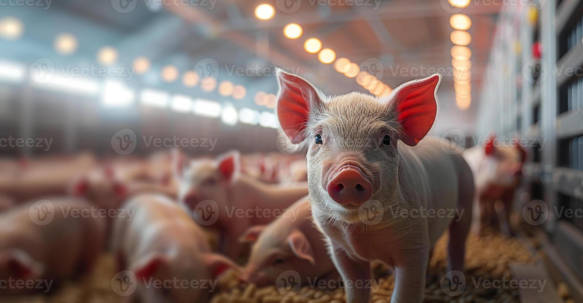 Group of Pigs in Pen With Background Lights photo