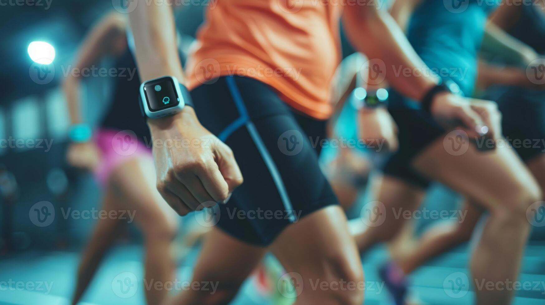 Close-up of a runners arm with a smartwatch during an evening city marathon, highlighting athletic wear and movement. photo
