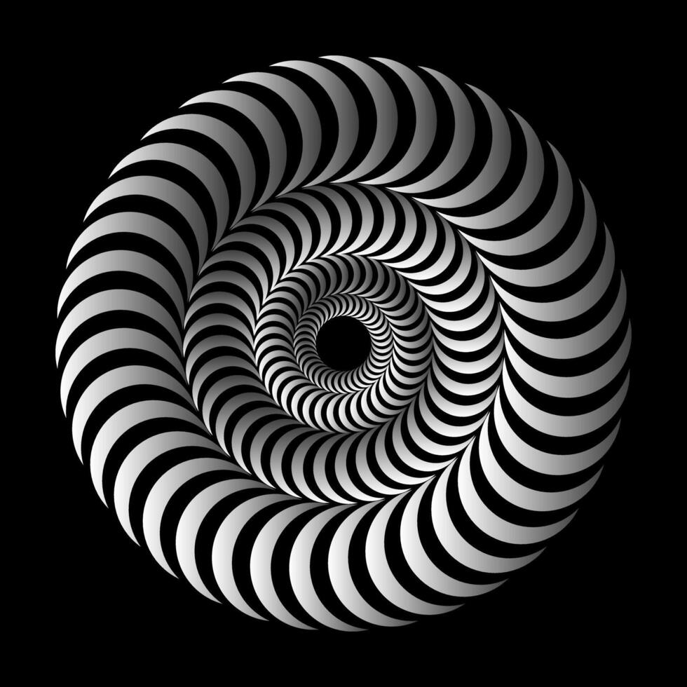 3D spiral. Hypnotic volumetric wavy circles. Isometric trumpet waves. Concentric circles. Optical illusion. Black and white illusion vector
