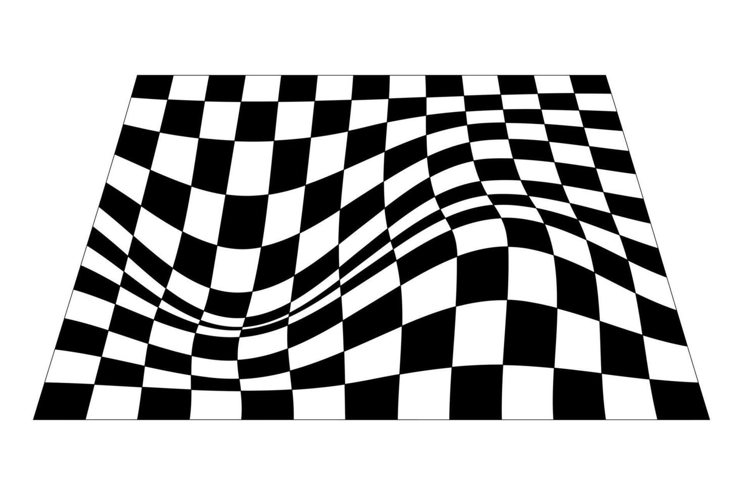 Distorted black Chess board grid on white background. Waved mesh texture. Fish net with deformation effect. Bented lattice surface. graphic illustration vector